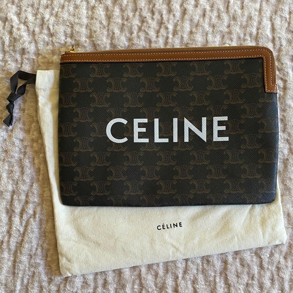 Celine Clutch in Triomphe Canvas and Calfskin with with logo